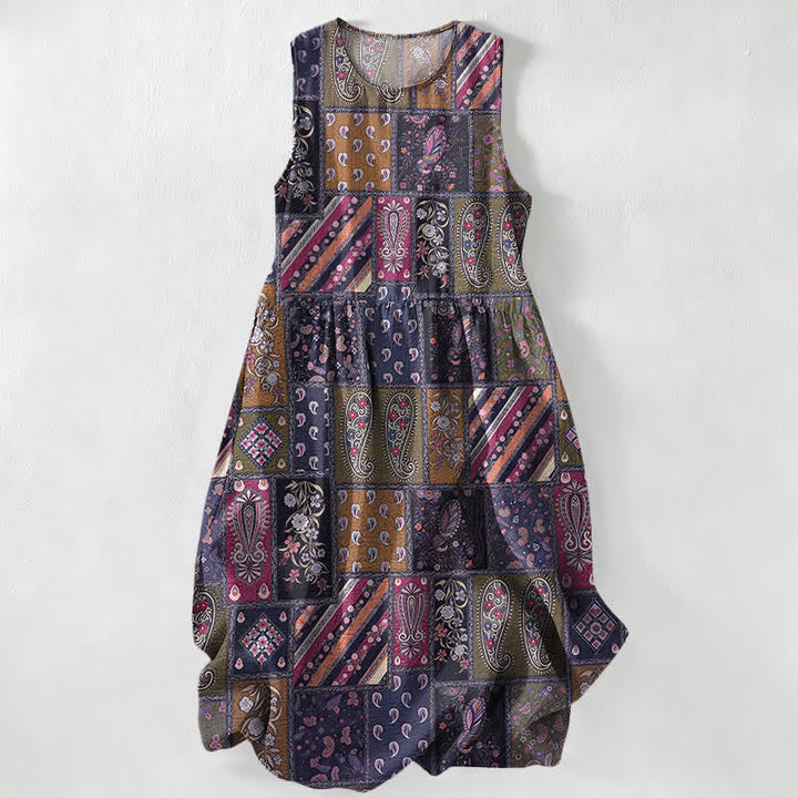 Buddha Stones Summer Casual Olive Patchwork Paisley Floral Pattern Women's Summer Sleeveless Midi Dress With Pockets - Indigo - US16，UK/AU20，EU48 (3XL) - image 5