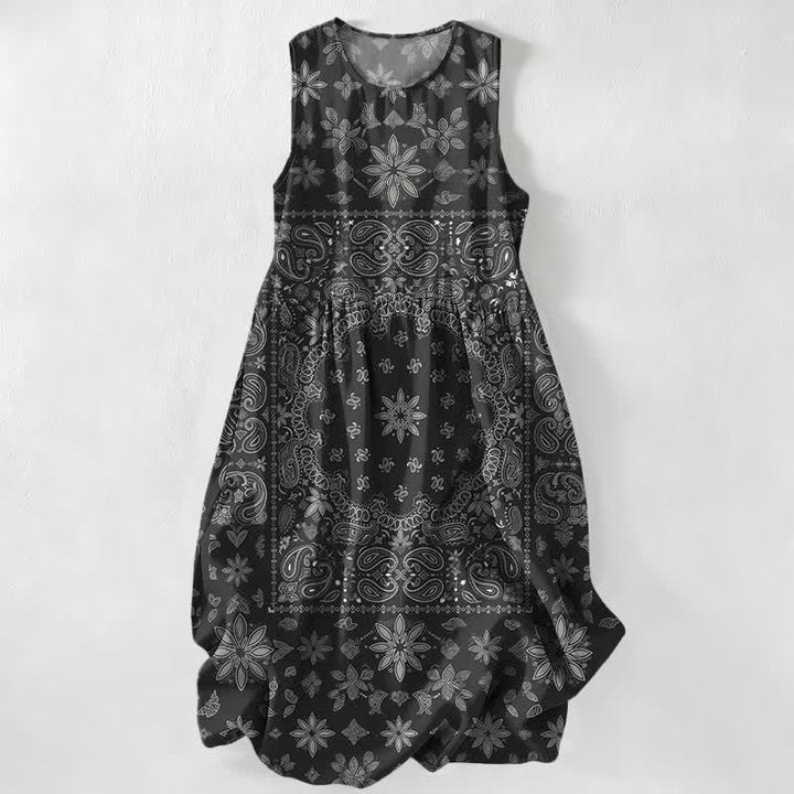 Buddha Stones Summer Casual Bandana Paisley Floral Pattern Women's Summer Sleeveless Midi Dress With Pockets - Black - US16，UK/AU20，EU48 (3XL) - image 0