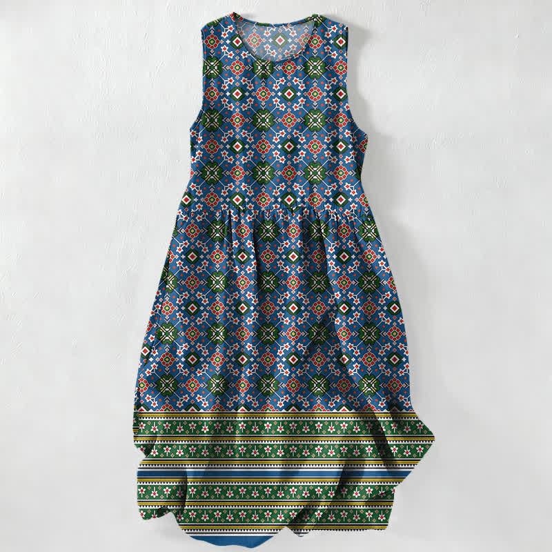 Buddha Stones Summer Casual Blue Bohemian Geometric Border Pattern Women's Summer Sleeveless Midi Dress With Pockets - DarkBlue - US16，UK/AU20，EU48 (3XL) - image 0