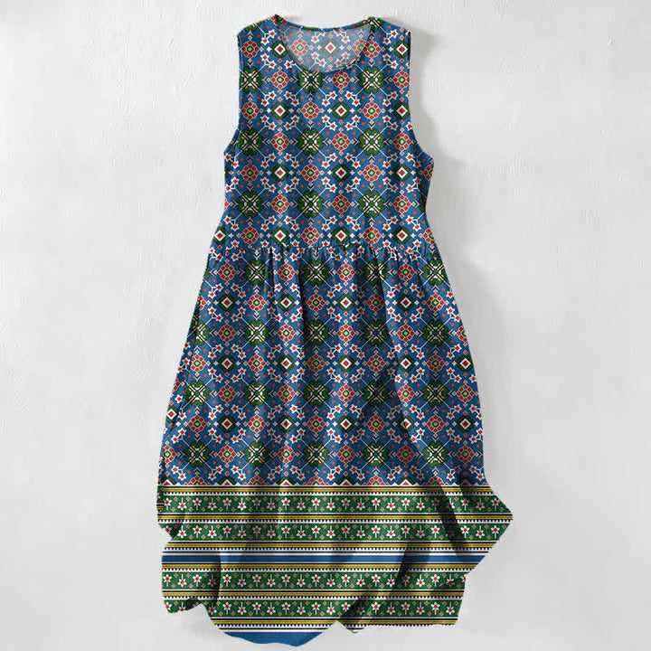 Buddha Stones Summer Casual Blue Bohemian Geometric Border Pattern Women's Summer Sleeveless Midi Dress With Pockets - DarkBlue - US16，UK/AU20，EU48 (3XL) - image 0