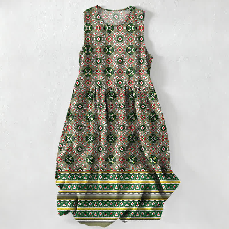 Buddha Stones Summer Casual Blue Bohemian Geometric Border Pattern Women's Summer Sleeveless Midi Dress With Pockets - DarkSeaGreen - US16，UK/AU20，EU48 (3XL) - image 4