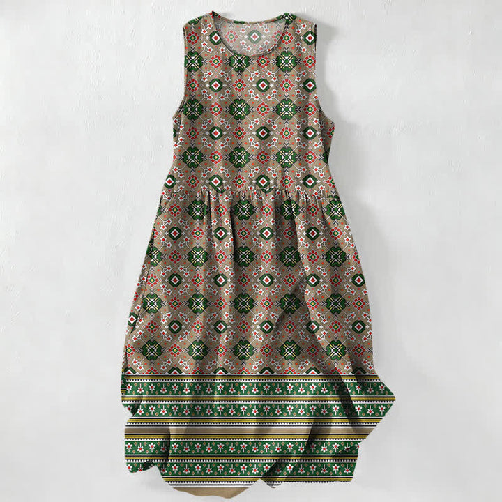 Buddha Stones Summer Casual Blue Bohemian Geometric Border Pattern Women's Summer Sleeveless Midi Dress With Pockets - DarkGoldenrod - US16，UK/AU20，EU48 (3XL) - image 5