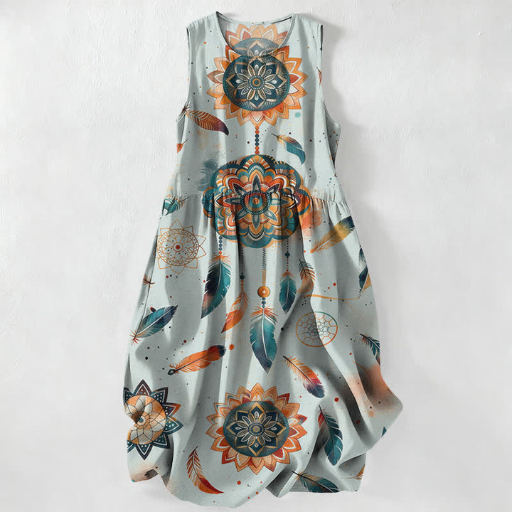 Buddha Stones Summer Casual Bohemian Mandala Feather Pattern Women's Summer Sleeveless Midi Dress With Pockets - SkyBlue - US16，UK/AU20，EU48 (3XL) - image 4