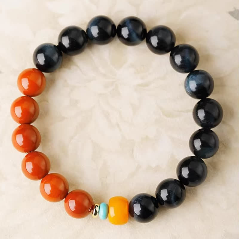 Buddha Stones Blue Tiger Eye South Red Agate Power Round Bead Bracelet - image 3
