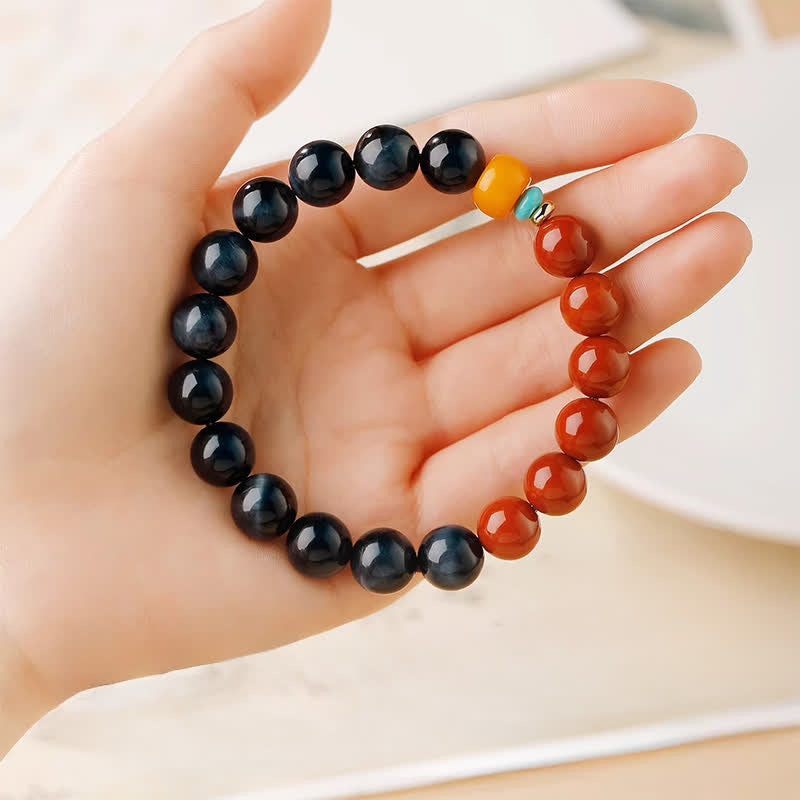 Buddha Stones Blue Tiger Eye South Red Agate Power Round Bead Bracelet - image 8