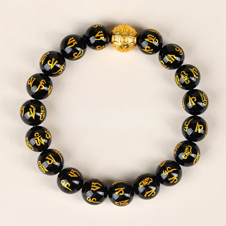 Buddha Stones Black Obsidian Om Mani Padme Hum Strength Bracelet - 10mm - image 1