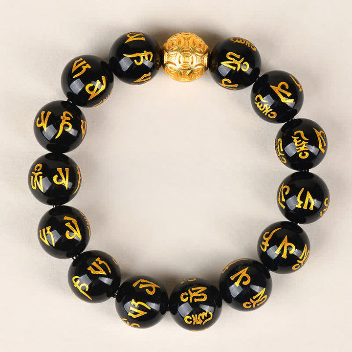 Buddha Stones Black Obsidian Om Mani Padme Hum Strength Bracelet - 14mm - image 9