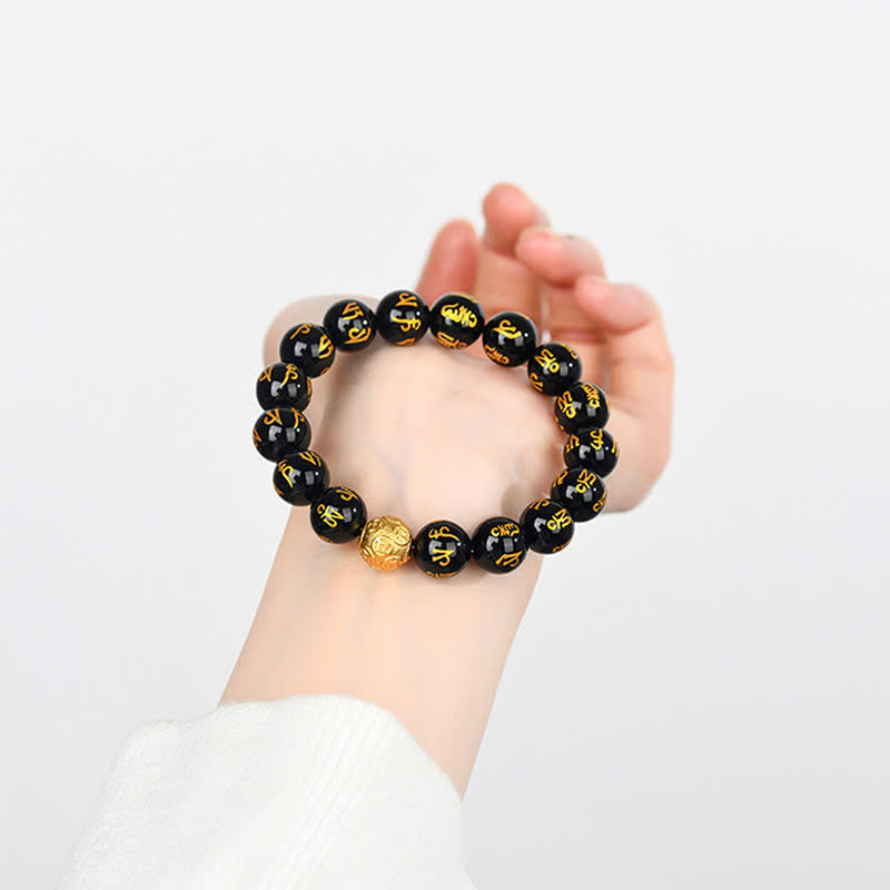 Buddha Stones Black Obsidian Om Mani Padme Hum Strength Bracelet - image 4
