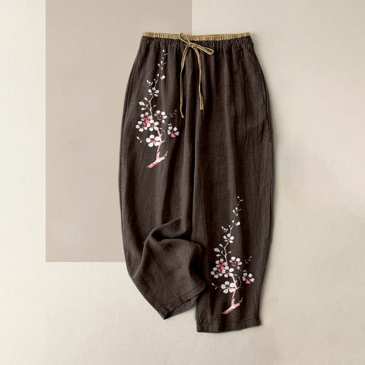 Buddha Stones Pure Cotton Oriental Blossom Branch Pattern Women's Elastic Waist Pants With Pockets - SaddleBrown - US16，UK/AU20，EU48 (3XL) - image 0