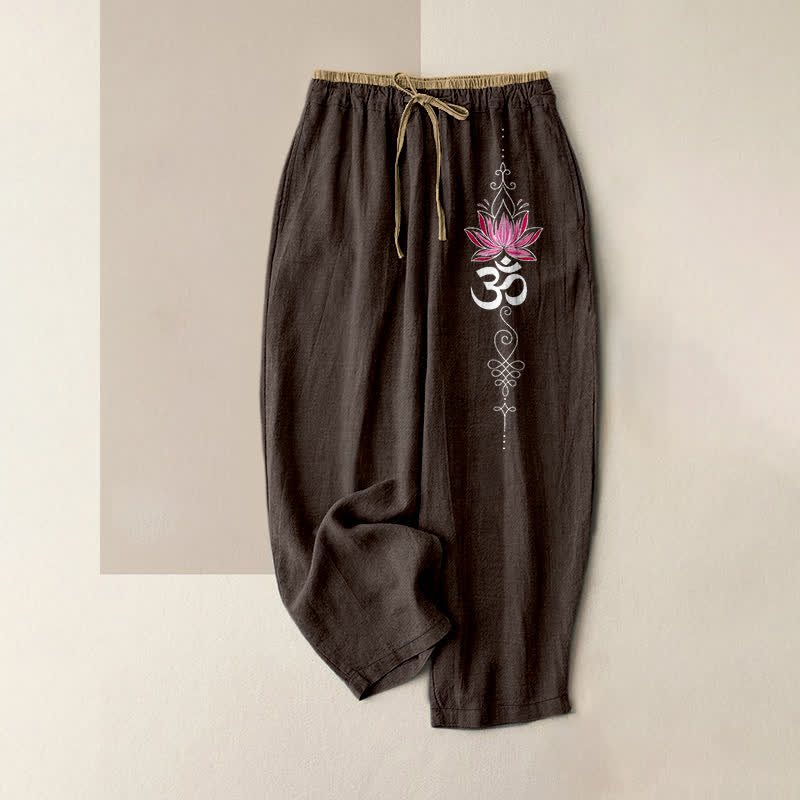 Buddha Stones Pure Cotton Zen Lotus Om Pattern Women's Elastic Waist Pants With Pockets - SaddleBrown - US16，UK/AU20，EU48 (3XL) - image 4