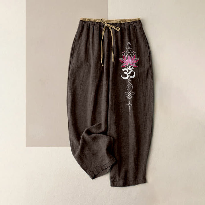 Buddha Stones Pure Cotton Zen Lotus Om Pattern Women's Elastic Waist Pants With Pockets - SaddleBrown - US16，UK/AU20，EU48 (3XL) - image 4