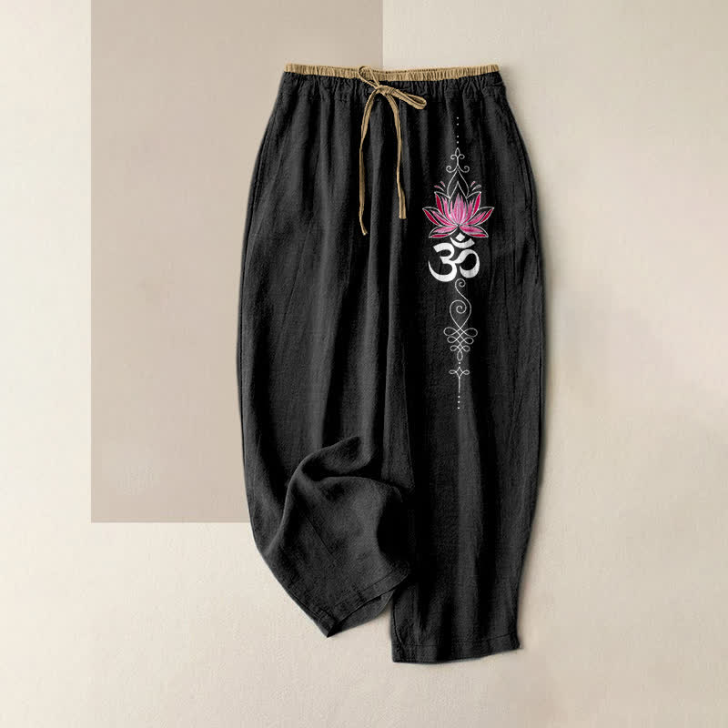 Buddha Stones Pure Cotton Zen Lotus Om Pattern Women's Elastic Waist Pants With Pockets - Black - US16，UK/AU20，EU48 (3XL) - image 0