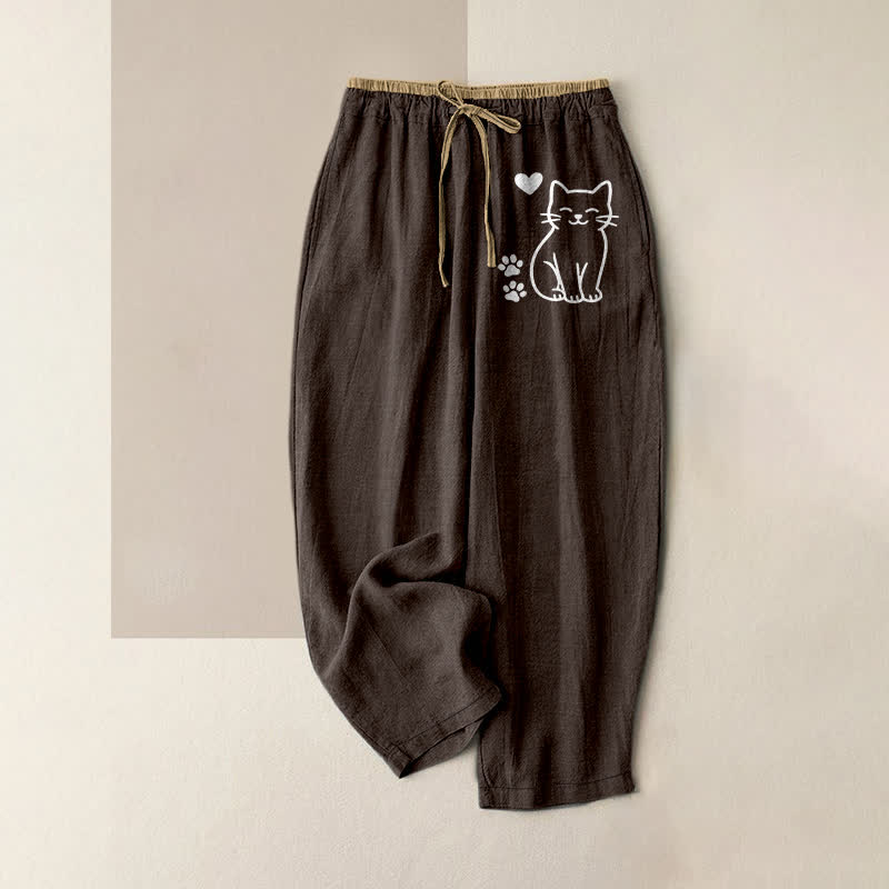 Buddha Stones Pure Cotton Cute Cat Heart Paw Print Pattern Women's Elastic Waist Pants With Pockets - SaddleBrown - US16，UK/AU20，EU48 (3XL) - image 5