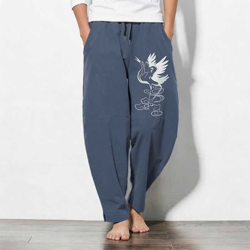 Buddha Stones Pure Cotton White Crane Pattern Drawstring Men's Tapered Pants With Pockets - SteelBlue - US/UK/AU50，EU60 (5XL) - image 0