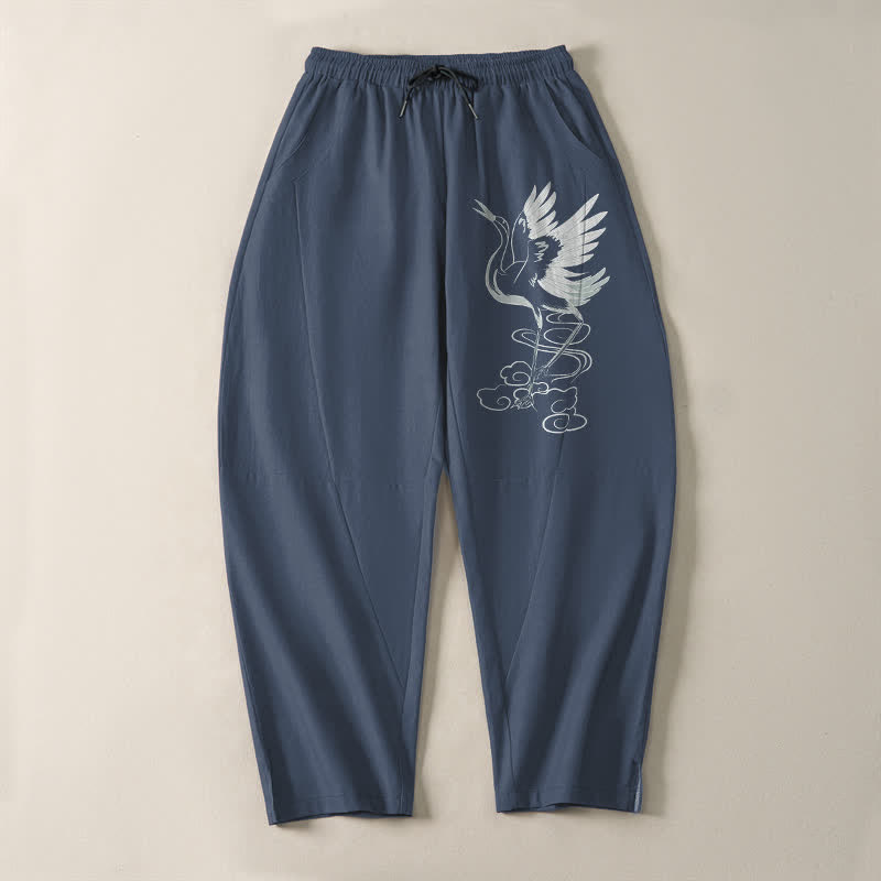 Buddha Stones Pure Cotton White Crane Pattern Drawstring Men's Tapered Pants With Pockets - image 2