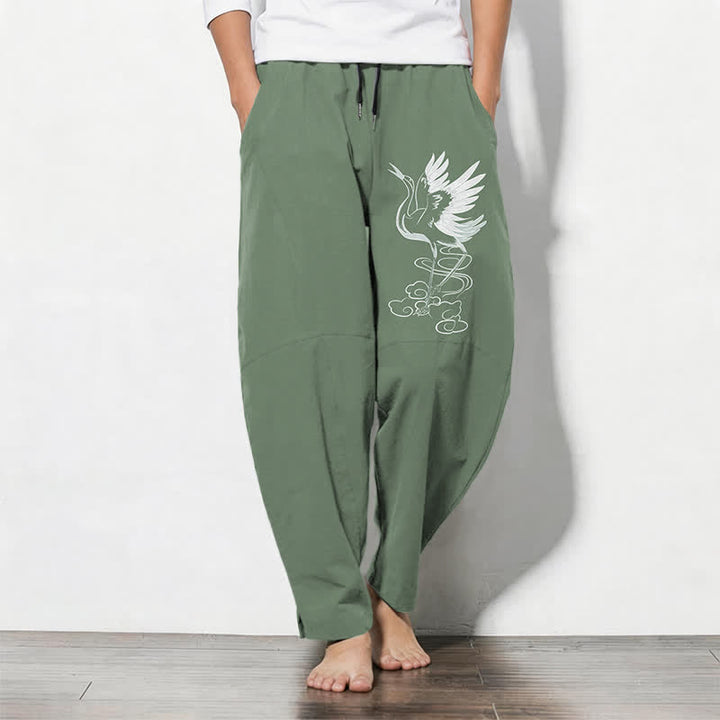 Buddha Stones Pure Cotton White Crane Pattern Drawstring Men's Tapered Pants With Pockets - DarkSeaGreen - US/UK/AU50，EU60 (5XL) - image 7