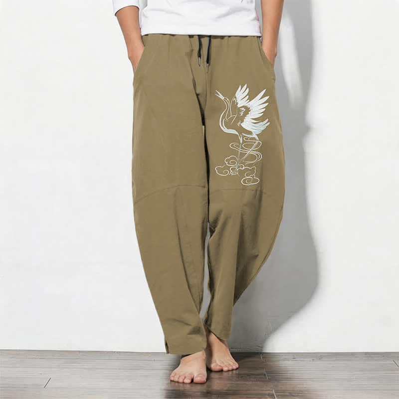 Buddha Stones Pure Cotton White Crane Pattern Drawstring Men's Tapered Pants With Pockets - DarkKhaki - US/UK/AU50，EU60 (5XL) - image 14