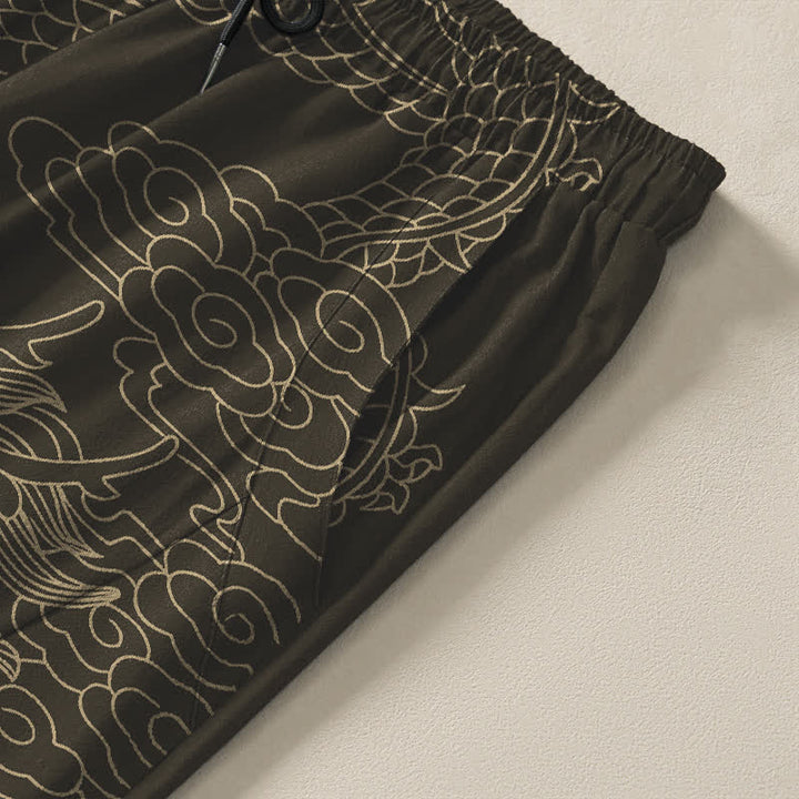 Buddha Stones Pure Cotton Golden Dragon Cloud Pattern Drawstring Men's Tapered Pants With Pockets - image 4