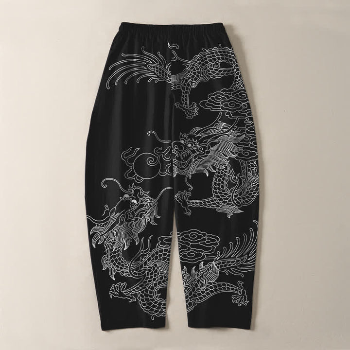 Buddha Stones Pure Cotton Golden Dragon Cloud Pattern Drawstring Men's Tapered Pants With Pockets - image 10