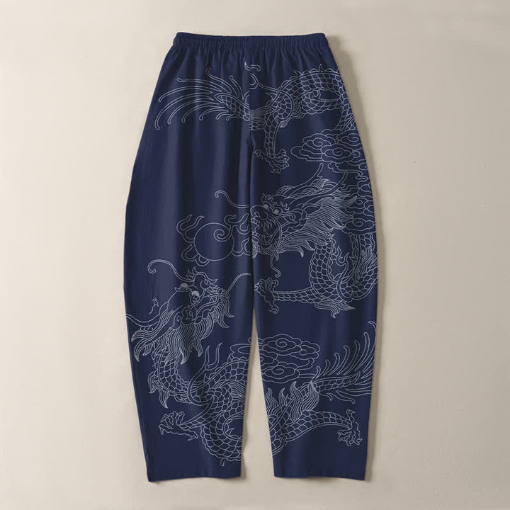 Buddha Stones Pure Cotton Golden Dragon Cloud Pattern Drawstring Men's Tapered Pants With Pockets - image 17
