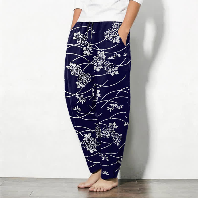 Buddha Stones Pure Cotton White Floral Vine Pattern Drawstring Men's Tapered Pants With Pockets - image 1