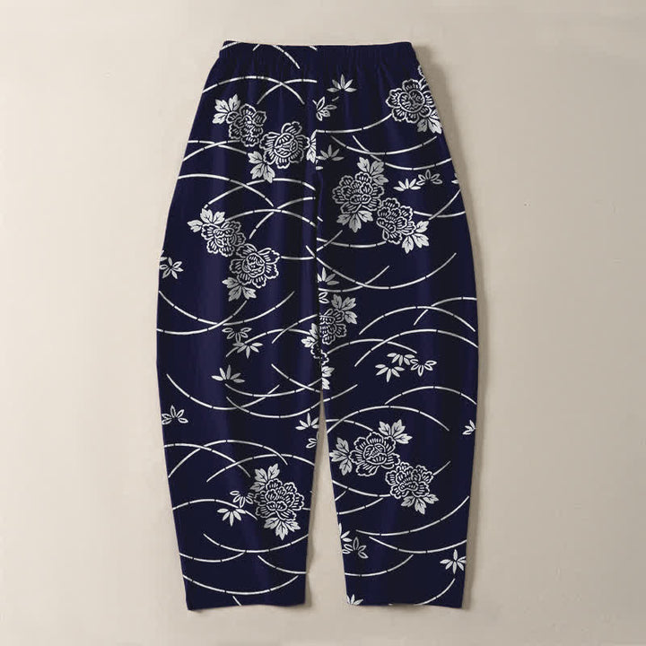 Buddha Stones Pure Cotton White Floral Vine Pattern Drawstring Men's Tapered Pants With Pockets - image 3