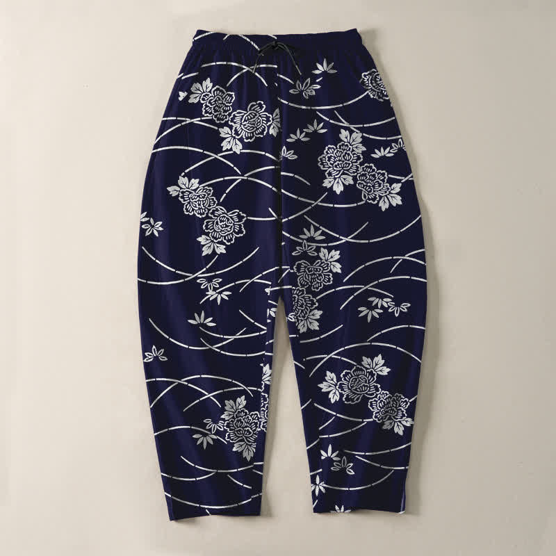 Buddha Stones Pure Cotton White Floral Vine Pattern Drawstring Men's Tapered Pants With Pockets - image 2