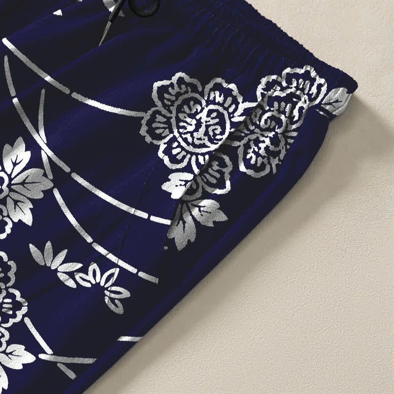 Buddha Stones Pure Cotton White Floral Vine Pattern Drawstring Men's Tapered Pants With Pockets - image 4