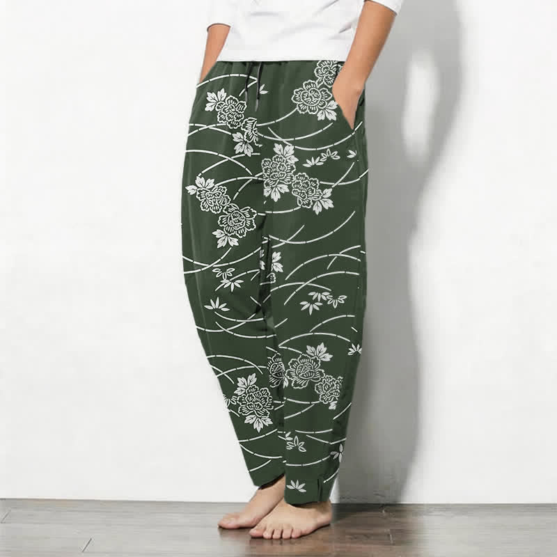 Buddha Stones Pure Cotton White Floral Vine Pattern Drawstring Men's Tapered Pants With Pockets - image 12