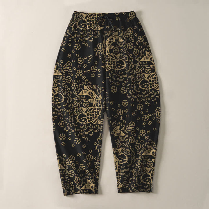 Buddha Stones Pure Cotton Golden Koi Fish Floral Pattern Drawstring Men's Tapered Pants With Pockets - image 2