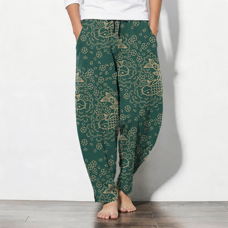 Buddha Stones Pure Cotton Golden Koi Fish Floral Pattern Drawstring Men's Tapered Pants With Pockets - DarkGreen - US/UK/AU50，EU60 (5XL) - image 11