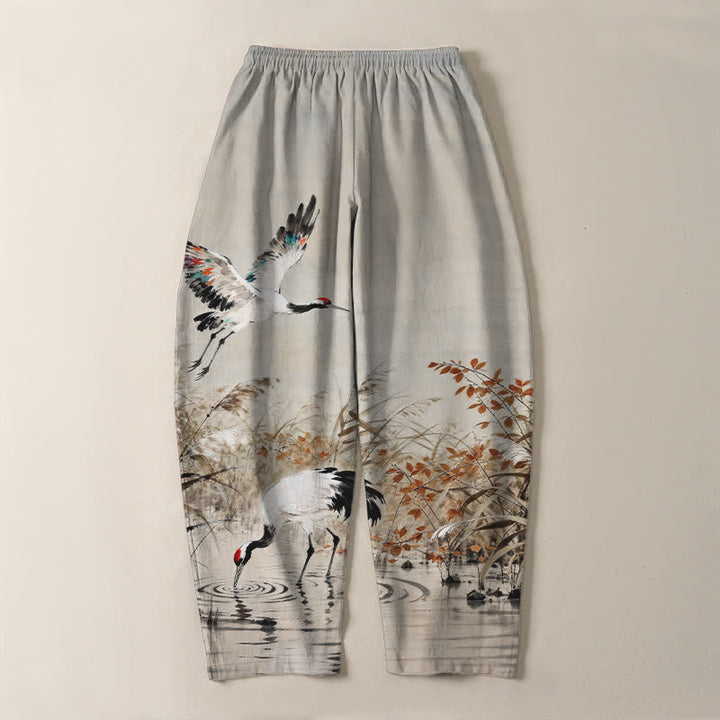 Buddha Stones Pure Cotton Ink Wash Crane Reeds Pattern Drawstring Men's Tapered Pants With Pockets - image 3