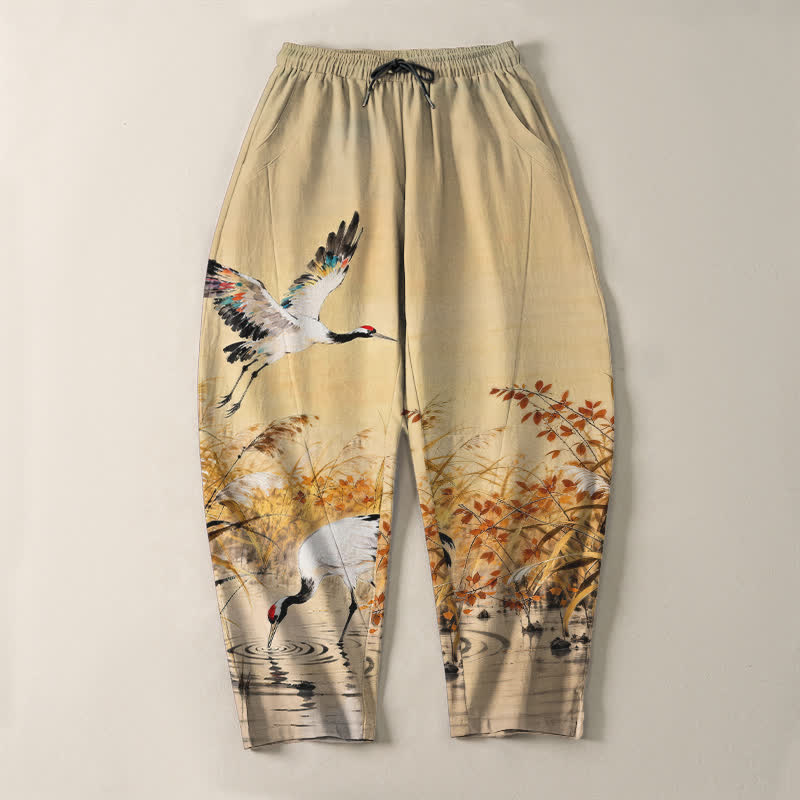 Buddha Stones Pure Cotton Ink Wash Crane Reeds Pattern Drawstring Men's Tapered Pants With Pockets - image 9