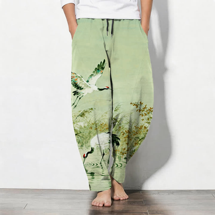 Buddha Stones Pure Cotton Ink Wash Crane Reeds Pattern Drawstring Men's Tapered Pants With Pockets - PaleGreen - US/UK/AU50，EU60 (5XL) - image 14