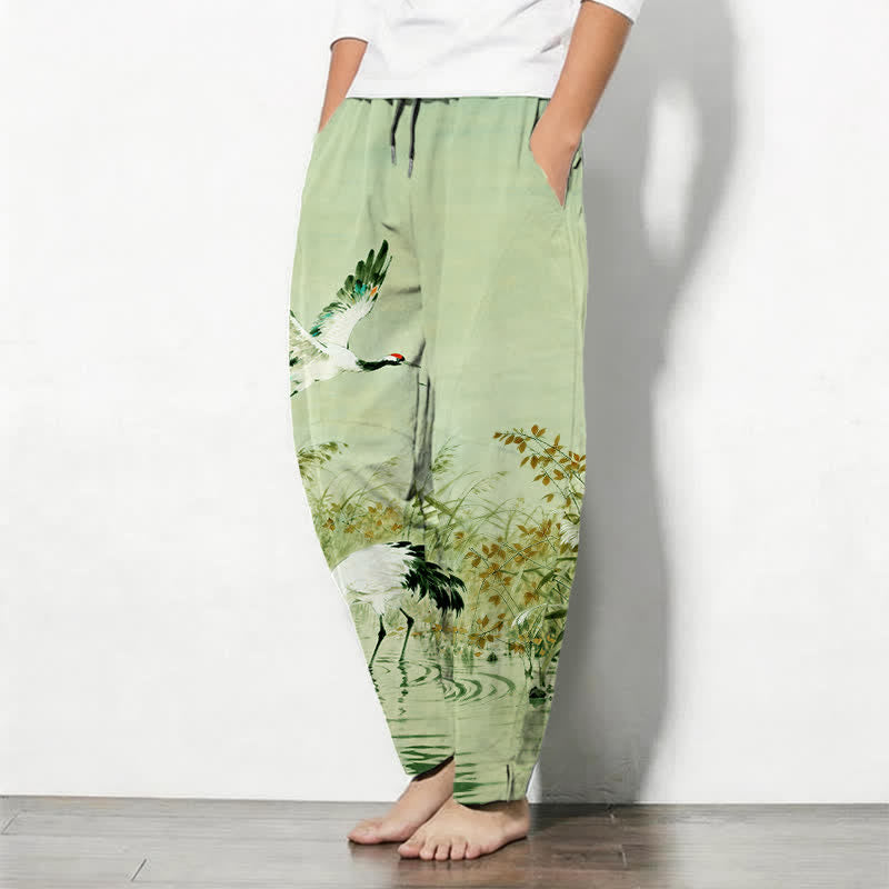 Buddha Stones Pure Cotton Ink Wash Crane Reeds Pattern Drawstring Men's Tapered Pants With Pockets - image 15