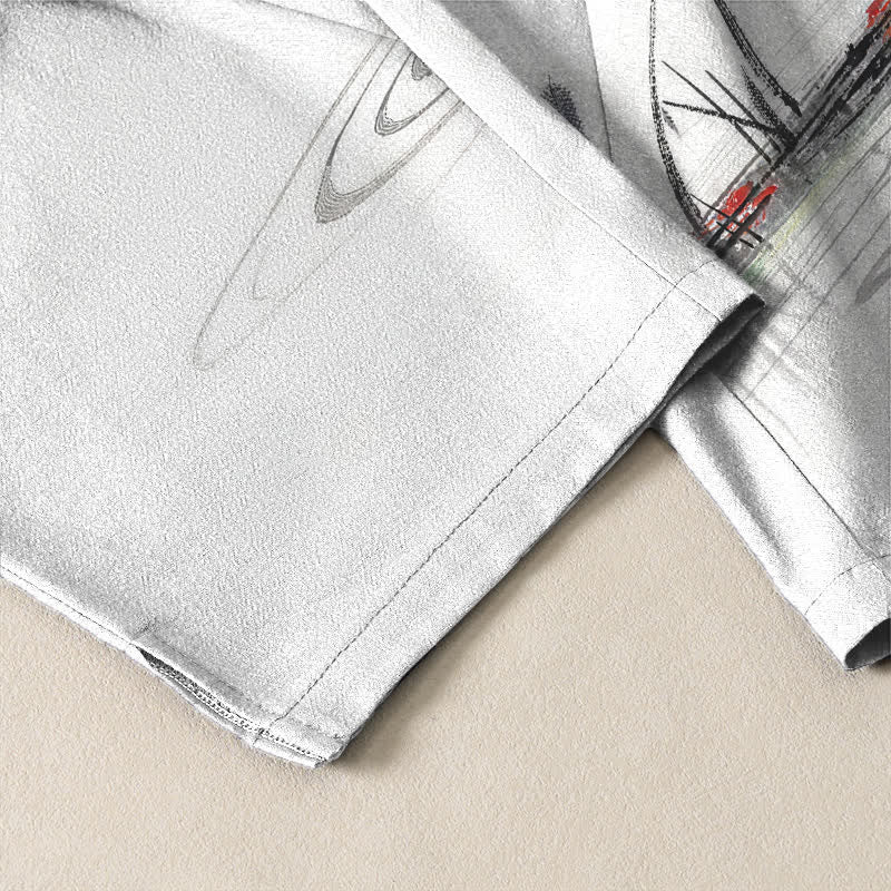 Buddha Stones Pure Cotton Ink Crane Reed Pattern Drawstring Men's Tapered Pants With Pockets - image 5