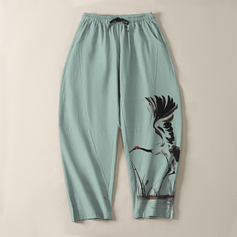 Buddha Stones Pure Cotton Ink Crane Reed Pattern Drawstring Men's Tapered Pants With Pockets - image 9