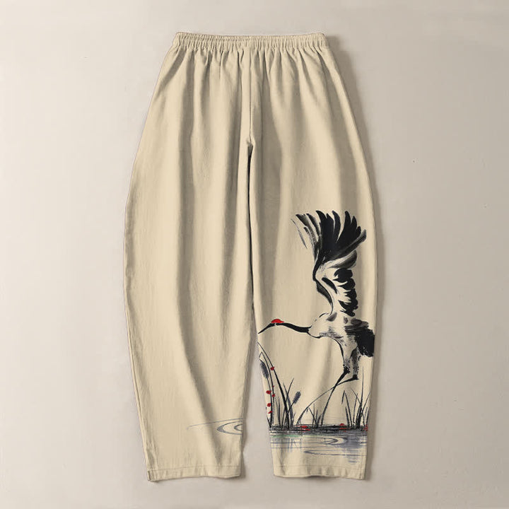 Buddha Stones Pure Cotton Ink Crane Reed Pattern Drawstring Men's Tapered Pants With Pockets - image 14