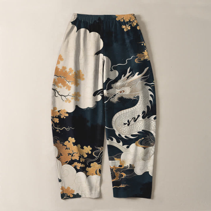 Buddha Stones Pure Cotton Eastern Dragon Cloud Pattern Drawstring Men's Tapered Pants With Pockets - image 3