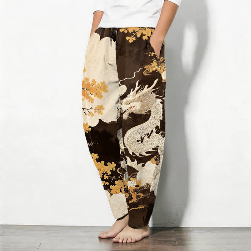Buddha Stones Pure Cotton Eastern Dragon Cloud Pattern Drawstring Men's Tapered Pants With Pockets - image 8