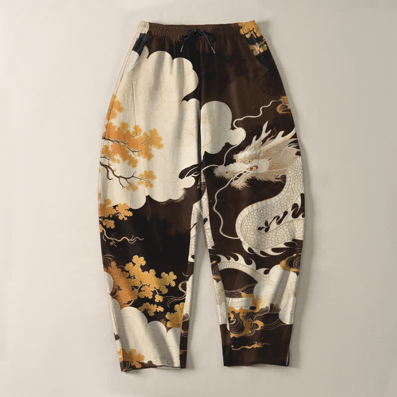 Buddha Stones Pure Cotton Eastern Dragon Cloud Pattern Drawstring Men's Tapered Pants With Pockets - image 9