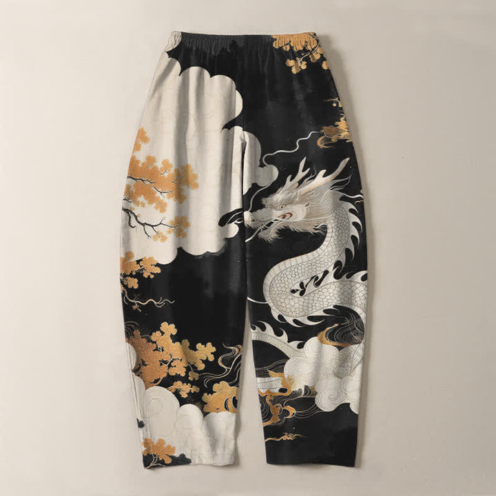 Buddha Stones Pure Cotton Eastern Dragon Cloud Pattern Drawstring Men's Tapered Pants With Pockets - image 14