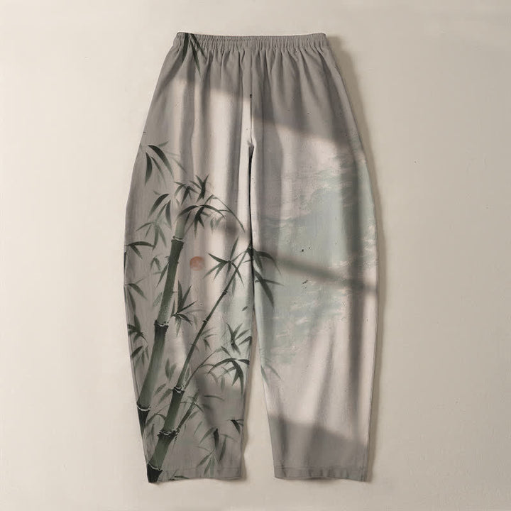 Buddha Stones Pure Cotton Ink Bamboo Pattern Drawstring Men's Tapered Pants With Pockets - image 3