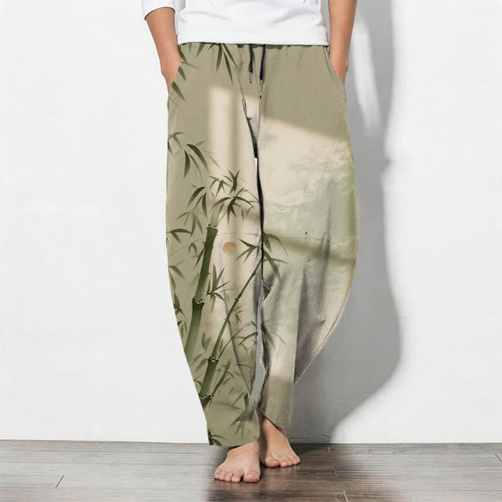 Buddha Stones Pure Cotton Ink Bamboo Pattern Drawstring Men's Tapered Pants With Pockets - DarkKhaki - US/UK/AU50，EU60 (5XL) - image 11