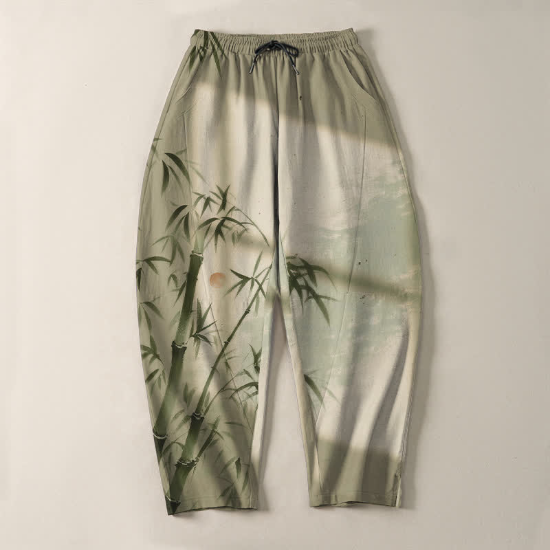Buddha Stones Pure Cotton Ink Bamboo Pattern Drawstring Men's Tapered Pants With Pockets - image 13
