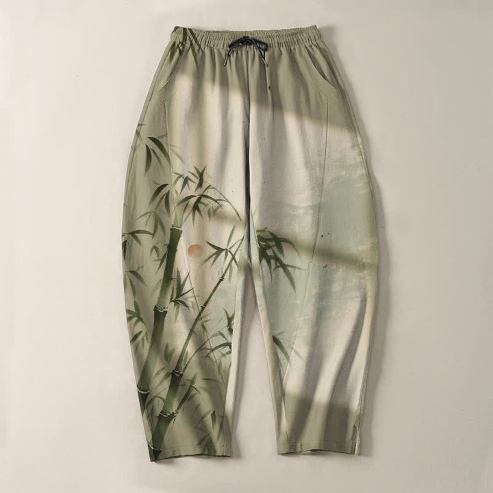 Buddha Stones Pure Cotton Ink Bamboo Pattern Drawstring Men's Tapered Pants With Pockets - image 13