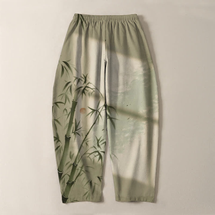 Buddha Stones Pure Cotton Ink Bamboo Pattern Drawstring Men's Tapered Pants With Pockets - image 14