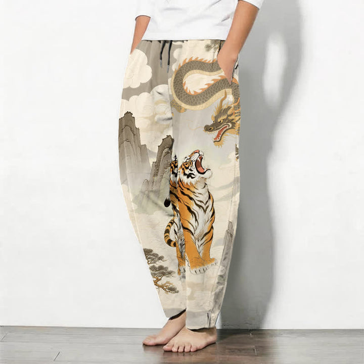 Buddha Stones Pure Cotton Tiger Dragon Landscape Pattern Drawstring Men's Tapered Pants With Pockets - image 1