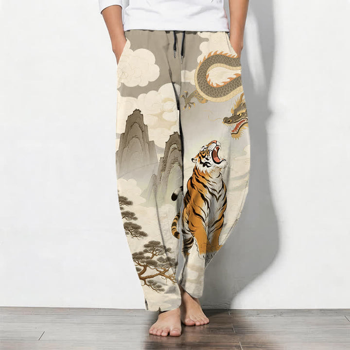 Buddha Stones Pure Cotton Tiger Dragon Landscape Pattern Drawstring Men's Tapered Pants With Pockets - Tan - US/UK/AU50，EU60 (5XL) - image 0