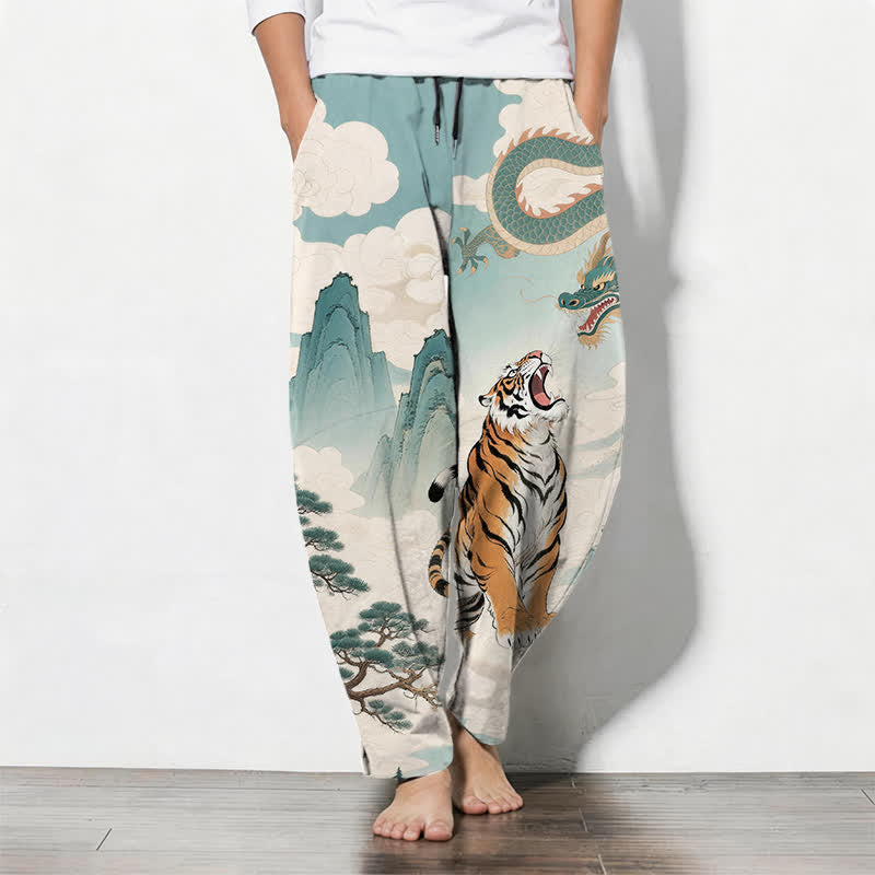 Buddha Stones Pure Cotton Tiger Dragon Landscape Pattern Drawstring Men's Tapered Pants With Pockets - PaleTurquoise - US/UK/AU50，EU60 (5XL) - image 7
